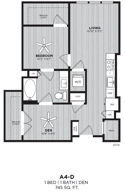 A floor plan of an apartment with a living room, bedroom, den, and bathroom.